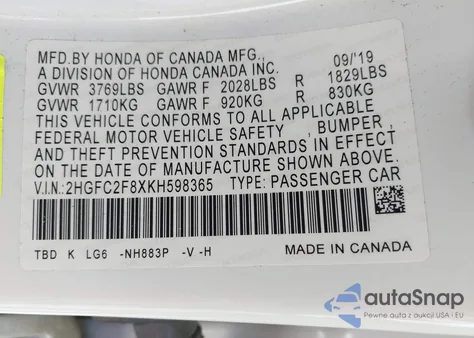 2019 Honda Civic Sport из США, поврежденный, VIN 2HGFC2F8XKH598365